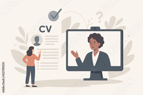 Virtual hiring and recruitment concept. Online job interview illustration. HR manager on computer screen conducting video call with female candidate. Reviewing CV resume for employment.