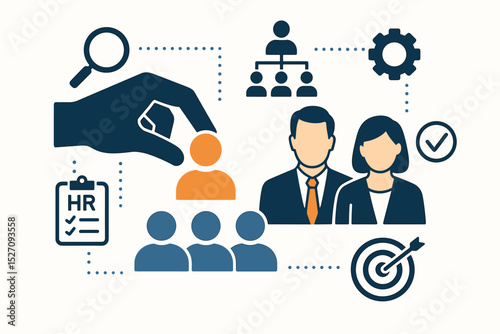 Recruitment process and HR management concept. Hand choosing a candidate for a job. Vector icons for hiring, team building, talent acquisition, business strategy, and staff selection.