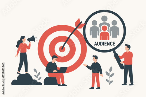 Target audience analysis for marketing strategy. Business team researching customer profile and market segmentation. Magnifying glass, target goal, and megaphone for promotion.