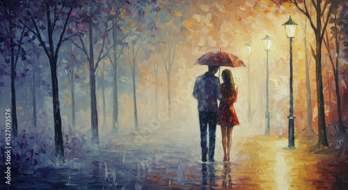 A pair of lovers walking in the rain, their figures barely defined, merging into flowing brushstrokes of silver-gray, lavender, and warm amber an impression of connection amidst chaos.