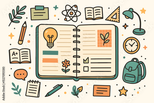 Cute hand drawn school supplies and education doodles set. Collection of study icons with notebook, book, lamp, backpack. Back to school learning vector illustration concept.