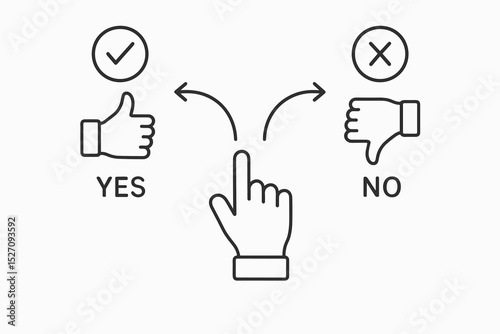 Hand makes choice between Yes and No options. Thumbs up for like, thumbs down for dislike. Decision making, feedback, survey concept. Approval and rejection vector outline icons.