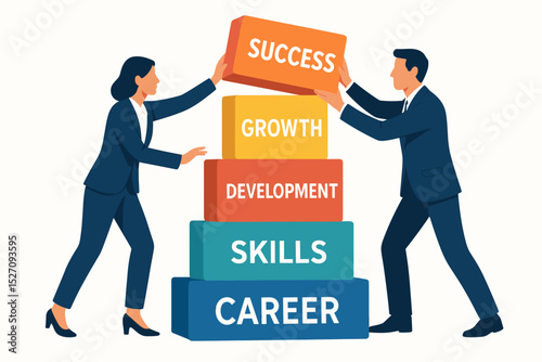 Business teamwork concept. Man and woman building career path with blocks labeled success, growth, development, skills. Professional achievement and corporate collaboration vector.