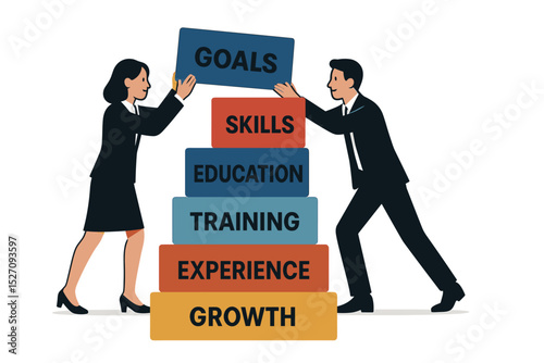 Career growth concept illustration. Business team builds a path to success by stacking blocks. Goals, skills, education, training, and experience are steps for professional development.