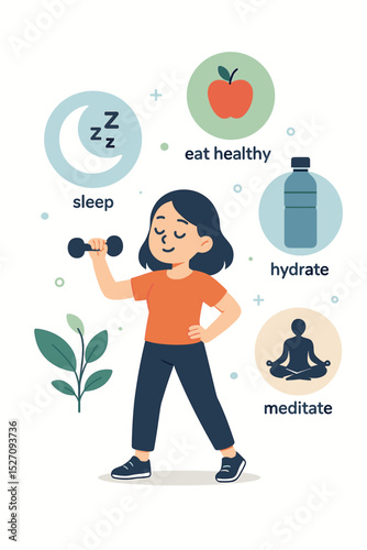 Self-care routine and healthy lifestyle concept. Woman exercising with icons for sleep, healthy eating, hydration, meditation. Mental wellness and daily habits vector infographic.
