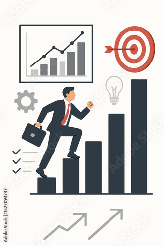 Business goal achievement and career growth concept. Businessman climbs up bar chart stairs to reach target. Metaphor for success, ambition, leadership and development strategy.