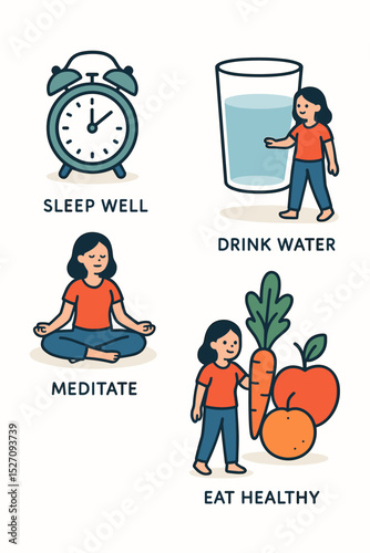 Self care routine and healthy lifestyle icons set. Vector illustration of daily habits for good health. Sleep well, drink water, meditate, and eat healthy food. Wellness concept.
