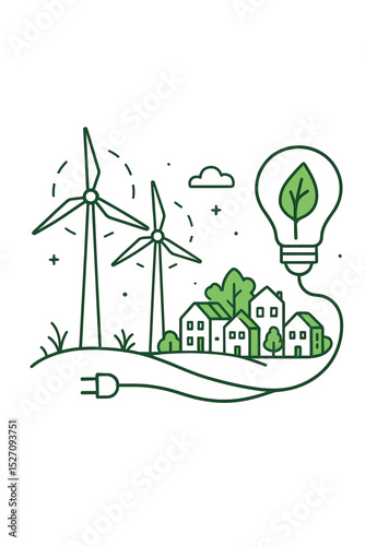 Renewable energy concept. Wind turbines providing clean power to a small town. Green electricity for sustainable community. Eco-friendly village, environmental conservation line art.