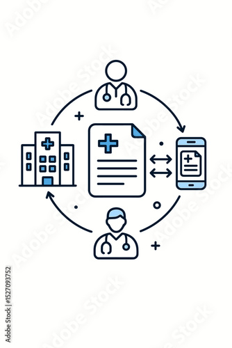 Healthcare information exchange vector icon set. Digital health workflow with doctor, hospital and patient record on mobile phone. Telemedicine and EHR data sharing concept.