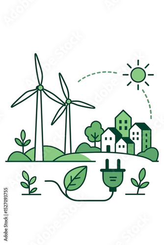 Sustainable community powered by renewable resources. Wind turbines and solar energy providing clean electricity to an eco-friendly town. Green power generation and conservation concept.