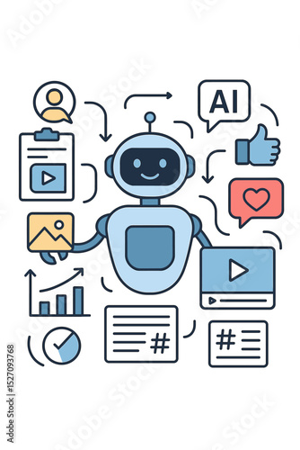Artificial intelligence in marketing concept. AI robot automates digital strategy, social media management, content creation, and analytics. Chatbot technology for business workflow.