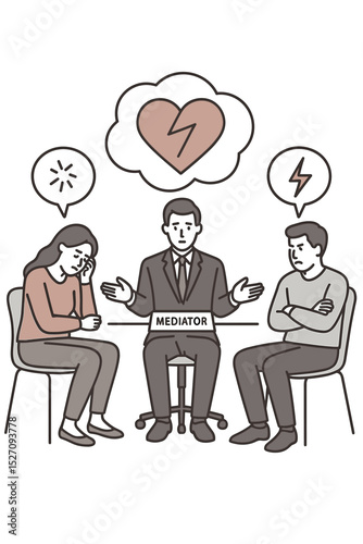 Relationship mediation concept. Couple in therapy session with a mediator. Man and woman in conflict, seeking counseling for divorce or breakup. Broken heart vector illustration.