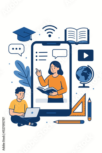 Online learning concept vector illustration. Student with laptop watching webinar on smartphone. Female teacher in a virtual classroom for e-learning, distance education, or homeschool.