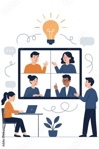 Online business meeting concept. Team brainstorming on video conference call. Remote work collaboration. People on screen discussing new ideas. Creative solution and innovation.