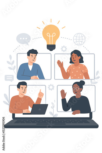 Online meeting and teamwork concept. People on video call brainstorming an idea. Virtual collaboration on laptop for remote work. Business conference communication and innovation.