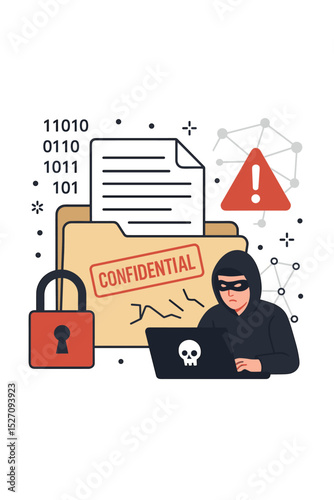 Data breach and cybersecurity threat concept. Hacker in hoodie stealing confidential information. Cybercrime vector with masked criminal, laptop, binary code, warning sign and locked folder.