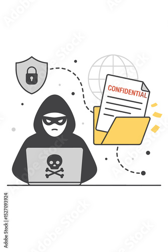 Hacker at laptop stealing confidential data. Cybersecurity concept of data breach, internet crime, and phishing. Anonymous thief, security violation, folder with private files.