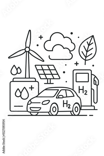 Green hydrogen energy concept. H2 car, wind turbine, solar panel and electrolysis battery. Sustainable fuel technology for future transport. Eco friendly zero emission outline vector.