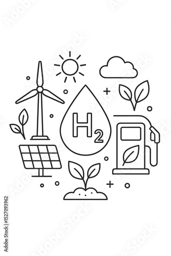 Green hydrogen concept with H2 symbol. Renewable energy from wind turbine and solar panel. Eco-friendly fuel station for clean alternative power. Sustainable technology line art vector.