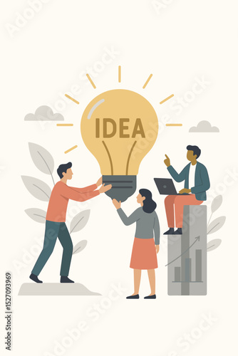 Creative business team working together on a new idea. Collaboration and brainstorming concept with a lightbulb and growth chart. Vector illustration for innovation and success.