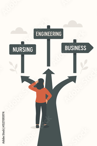Career choice concept. Woman at crossroads choosing her future path. Confused student deciding between nursing, engineering, business. Job opportunity, decision making illustration.