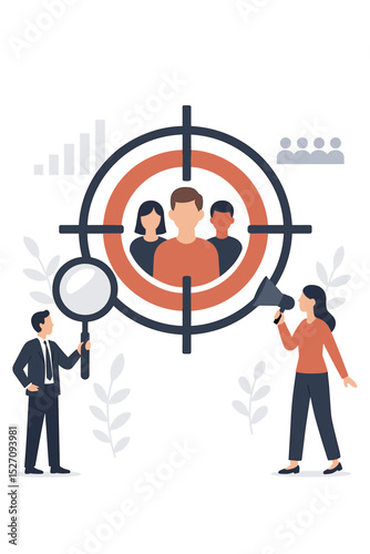 Marketing team targeting customer audience with a crosshair. Business people with megaphone and magnifying glass. Market research, lead generation and consumer segmentation concept.