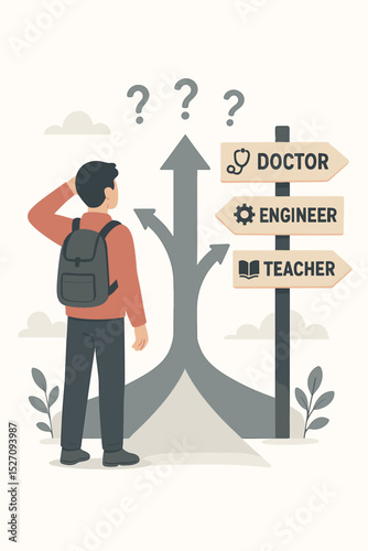 Career choice concept illustration. Confused student at a crossroads making a life decision. Young man thinking about his future job. Signpost with professions like doctor, engineer.