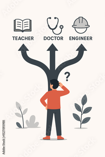 Career path choice concept illustration. Confused man at a crossroads making a difficult decision about his future job and professional life. Choosing between teacher, doctor, engineer.