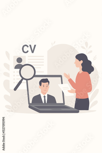 Remote hiring and online recruitment concept. HR manager conducts a virtual job interview with a candidate on a laptop. Finding new employees, CV review and headhunting process.