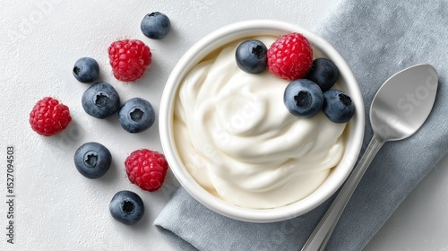 A bowl of creamy yogurt is adorned with fresh blueberries and raspberries