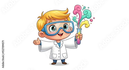 Cute cartoon child scientist holding a test tube with colorful smoke. Educational and playful science character on white background.