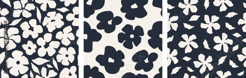 Abstract floral seamless pattern set in black and white colors. Smooth abstract flower design in seamless layout. Ideal for background textures, fabric prints, and stationery. Vector illustration