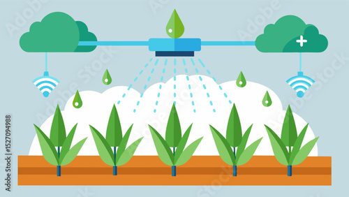 An AIenabled moisture retention cover p over crops to reduce evaporation and optimize soil moisture levels through controlled water release.. Vector illustration