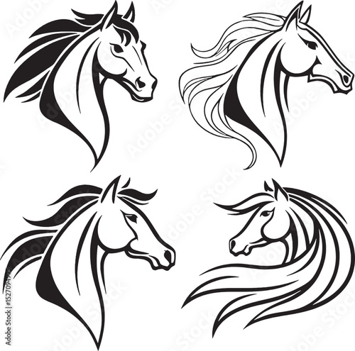 4 bundle of An inspiring collection of stylized horse head icons, exuding elegance and strength. Perfect for design projects, both digital and print media, including Cricut, laser cutting, vinyl decal