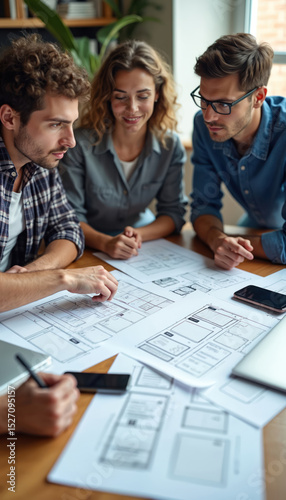 Team of designers collaborate on user interface project. Colleagues analyze application layouts brainstorming ideas to create innovative digital experience. Teamwork, development, strategy,