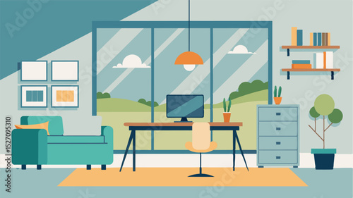 The minimalist furnishings and clean design of the modern loft make it the perfect backdrop for a productive workfromvacation experience.. Vector illustration