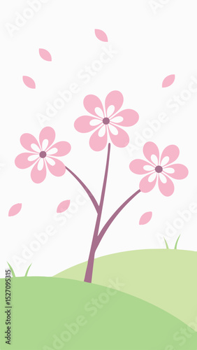 Simple illustrated spring blossoms with falling petals depicted on a white background