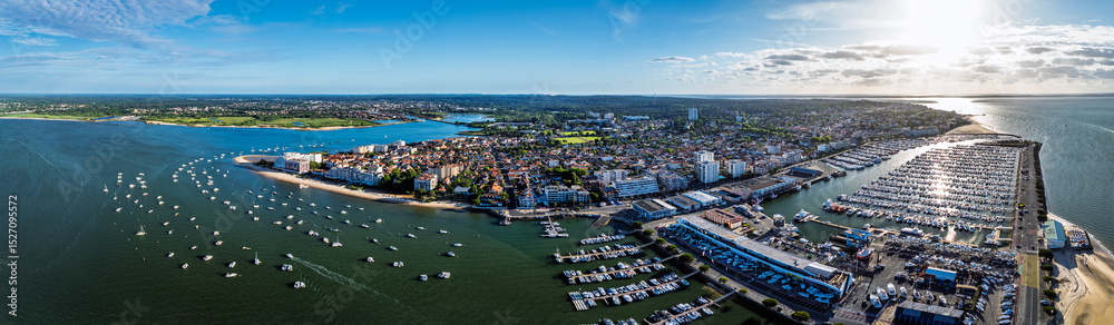 Fototapeta premium Panorama of Marina and Beach in Arcachon from a drone, Arcachon, Gironde, France, Europe