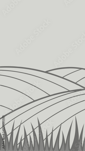 Simple stylized landscape illustration featuring grass and rolling hillside silhouettes