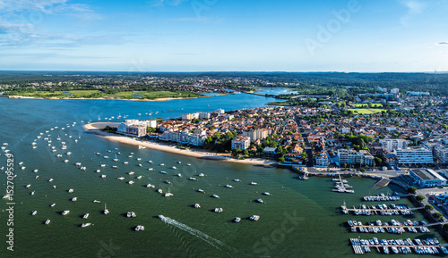 Fotografi Panorama of Marina and Beach in Arcachon from a drone, Arcachon, Gironde, France