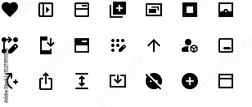 Simple black and white UI icon set for web design, including photos, forms, search bar, and plus symbol for new posts, on white background, high resolution
