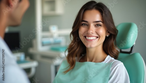 Smiling brunette woman having dental checkup in dentist surgery. Attractive patient with perfect white teeth smiles after teeth whitening treatment. Dentist appointment concept.