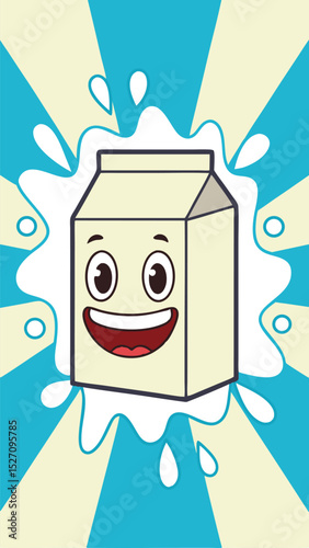 Smiling milk carton cartoon surrounded by splash graphics on a fun, playful background