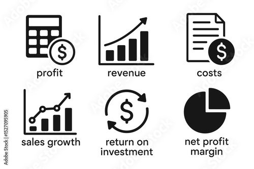Business KPI icon set. Vector illustration of financial performance indicators. Profit, revenue, costs, sales growth, ROI, net profit margin. Analytics and data symbols.