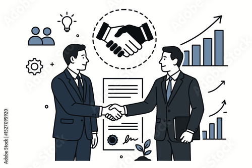 Business partnership and agreement concept. Two businessmen shaking hands over a signed contract. Vector illustration of collaboration, successful deal, corporate teamwork, and growth.