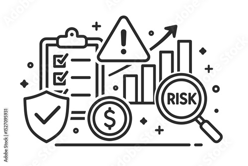 Risk management and assessment vector illustration. Line icon concept for financial analysis, business strategy, investment security, and audit. Data chart, warning sign, checklist.