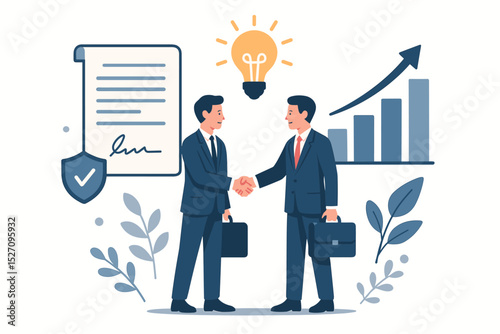 Business partnership concept with two businessmen shaking hands. Successful collaboration, teamwork, and deal sealed with a signed contract. Vector of growth, strategy, and innovation.