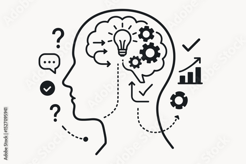 Problem solving process concept with human head silhouette. Creative thinking, brainstorming, and innovation. From question to idea, strategy, solution, growth, and success vector.