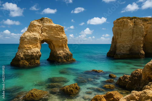 paisaje costero que muestra un impresionante arco de roca natural emergiendo del mar sobre aguas turquesas y cristalinas, con acantilados dorados y un cielo azul salpicado de nubes