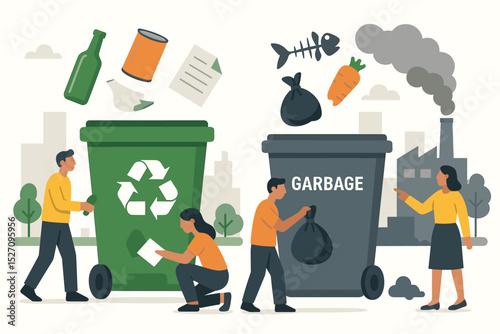 Recycling and garbage sorting vector illustration. People separate waste for environmental protection. Contrast between a clean eco city and pollution from unsorted garbage.